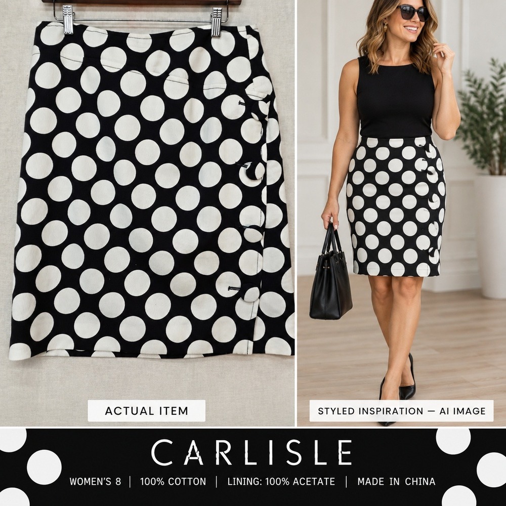 Carlisle Pencil Midi Skirt Womens 8 Black White Polka Dot 100% Cotton Lined